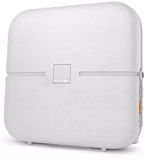 Répéteur Wi-Fi de forme carrée avec des bords arrondis, en tissu blanc texturé.